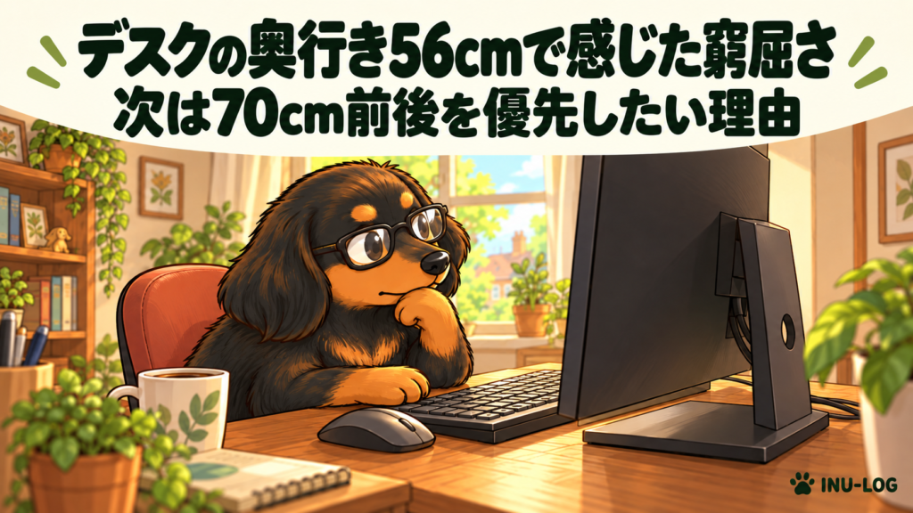 眼鏡の犬が奥行きの浅いデスクでPC作業をするイラスト。デスクの奥行き56cmで感じた窮屈さ／次は70cm前後を優先したい理由