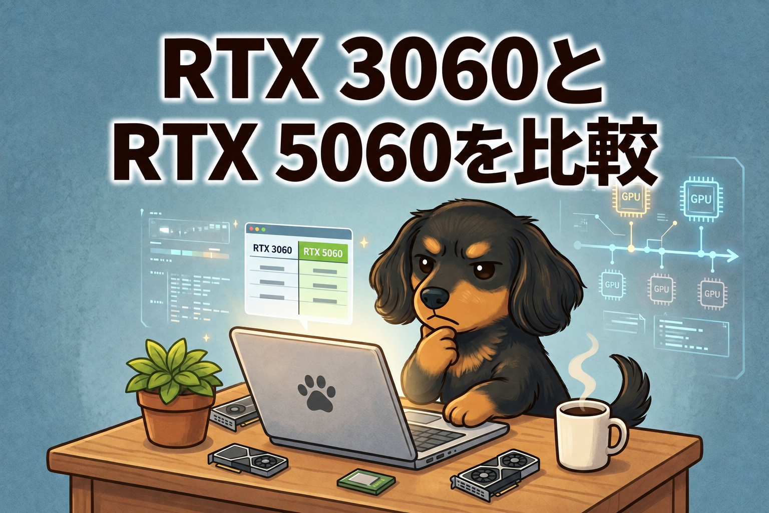 RTX 3060とRTX 5060を比較。ノートPCの前でグラフィックボードを検討する犬のイラスト
