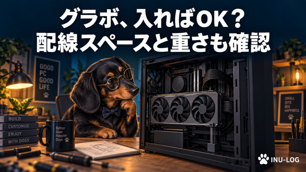 グラボ、入ればOK？ 配線スペースと重さも確認。犬とPCを描いたイメージイラスト（筆者の実機写真ではありません）。