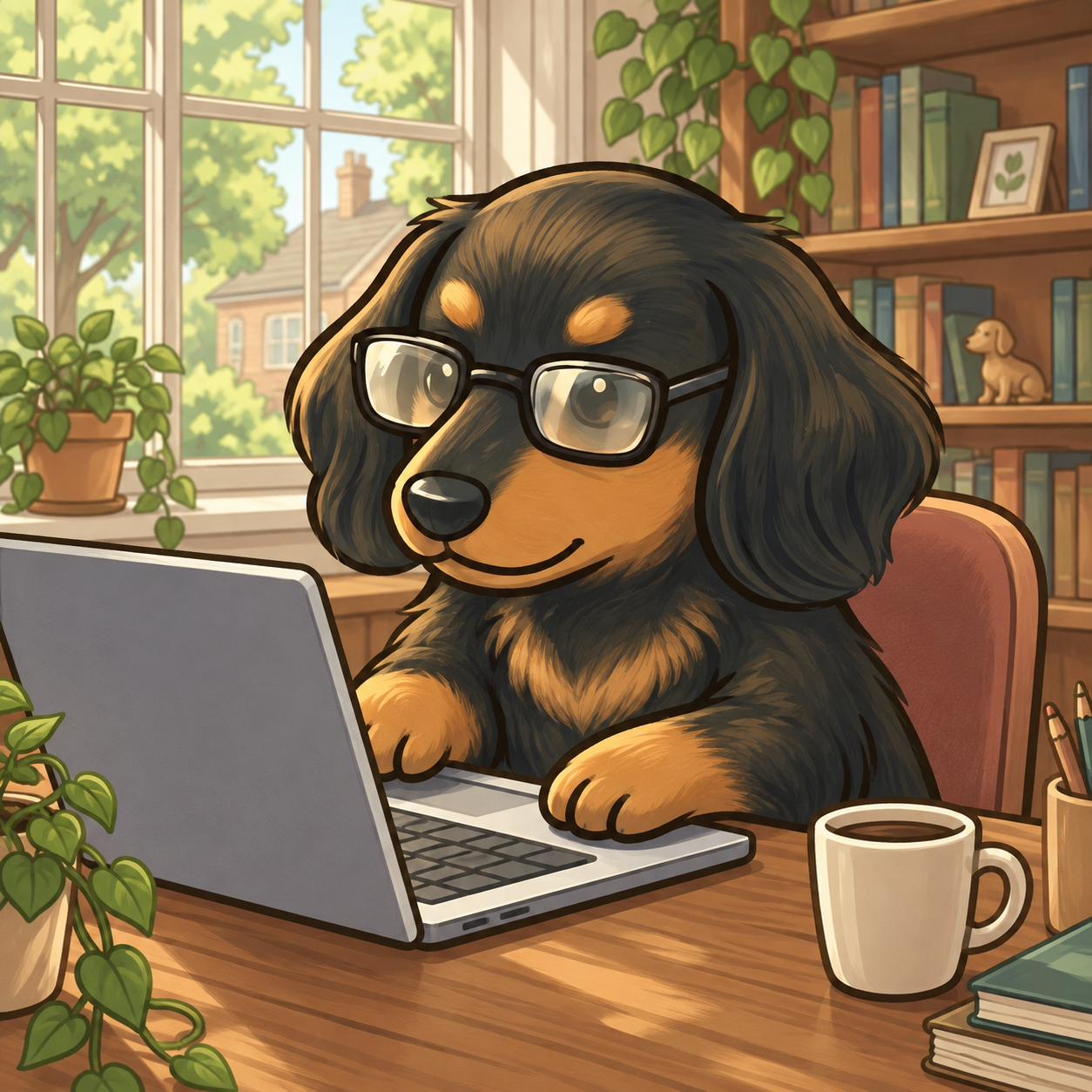 眼鏡をかけた犬が木の机でパソコンを使うイラスト