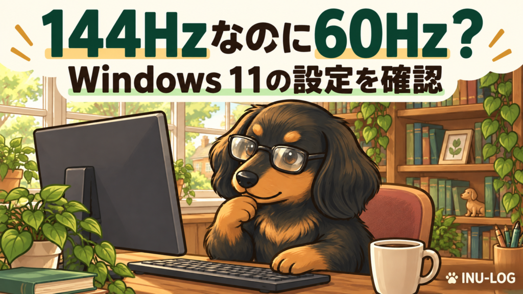 144Hzなのに60Hz？Windows 11の設定を確認。眼鏡をかけたINU-LOGの犬とモニターのイラスト