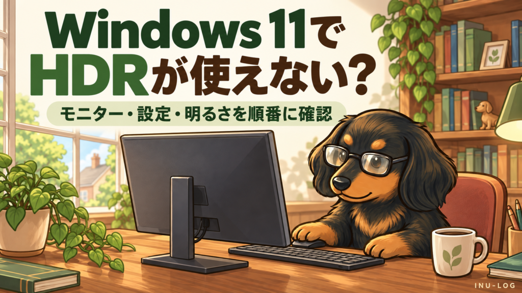 Windows 11でHDRが使えない？ モニター・設定・明るさを順番に確認。眼鏡をかけた犬とモニターのイラスト。