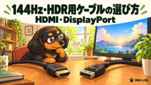 眼鏡をかけた犬とPCモニター、HDMI・DisplayPortケーブルのイラスト