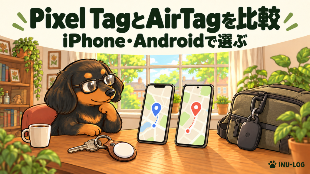 眼鏡をかけた犬が、スマートフォンと鍵・バッグ用の紛失防止タグを比較するイラスト