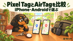 眼鏡をかけた犬が、スマートフォンと鍵・バッグ用の紛失防止タグを比較するイラスト