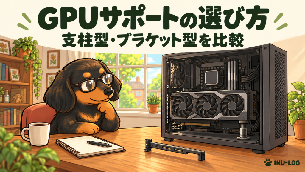 GPUサポートの選び方。支柱型・ブラケット型を比較。眼鏡をかけたINU-LOGの犬と、PCケース内の大型GPUを支柱で支える様子を描いたイメージイラスト。